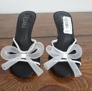 Deltan Women's Black Slide Mules w/White Mesh Bows Size 7M NWOB